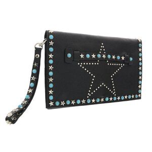Daniela Fargion Black Turquoise Leather Star Studded Wristlet/Pouch Clutch